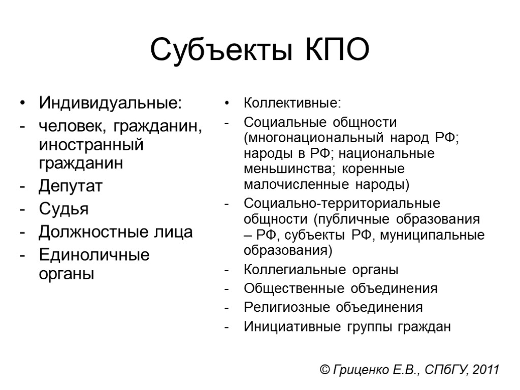 Субъекты КПО Индивидуальные: человек, гражданин, иностранный гражданин Депутат Судья Должностные лица Единоличные органы Коллективные: